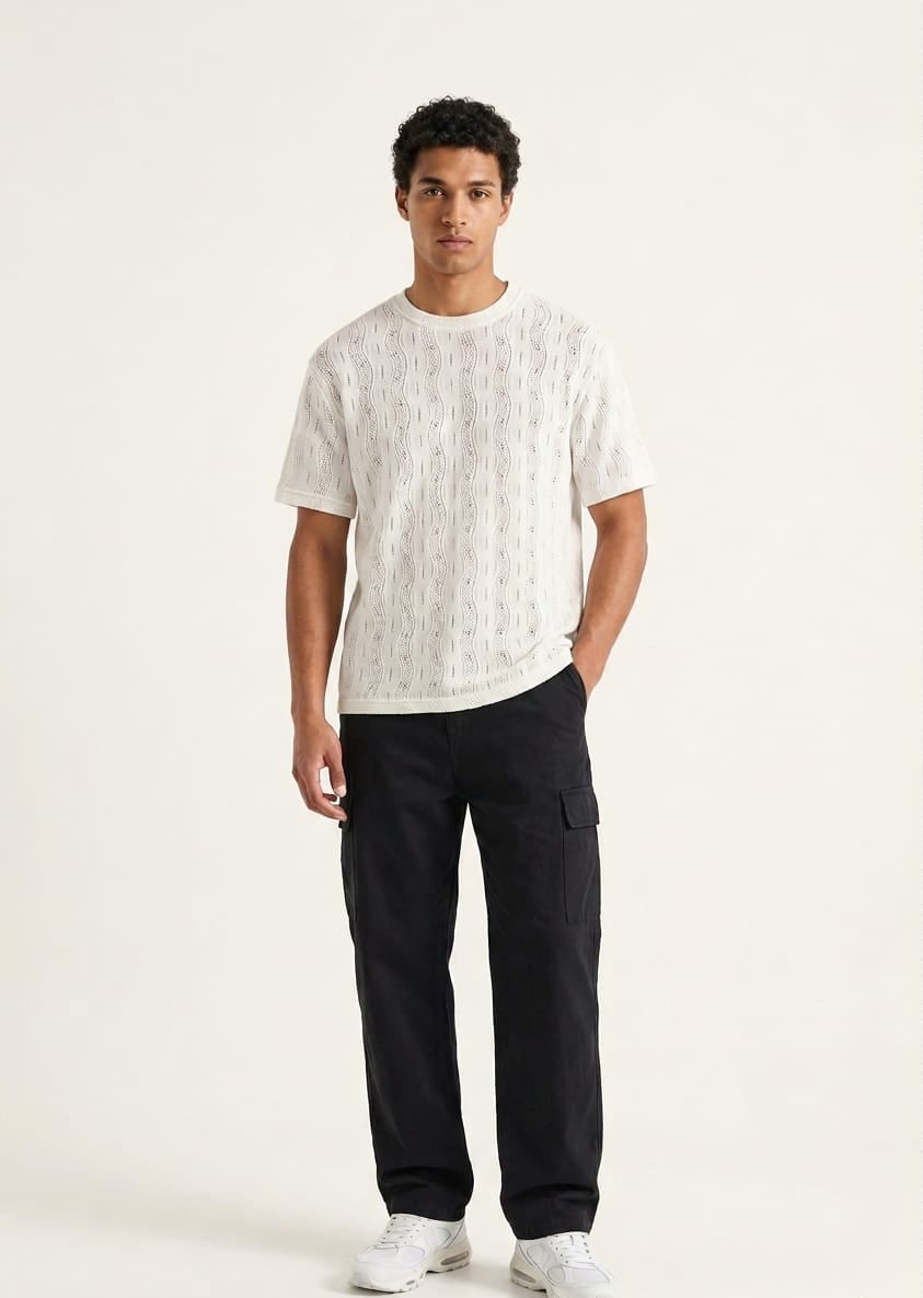 Men's Ivory Handcrafted Thread Work Crew Neck T-Shirt