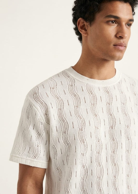 Men's Ivory Handcrafted Thread Work Crew Neck T-Shirt