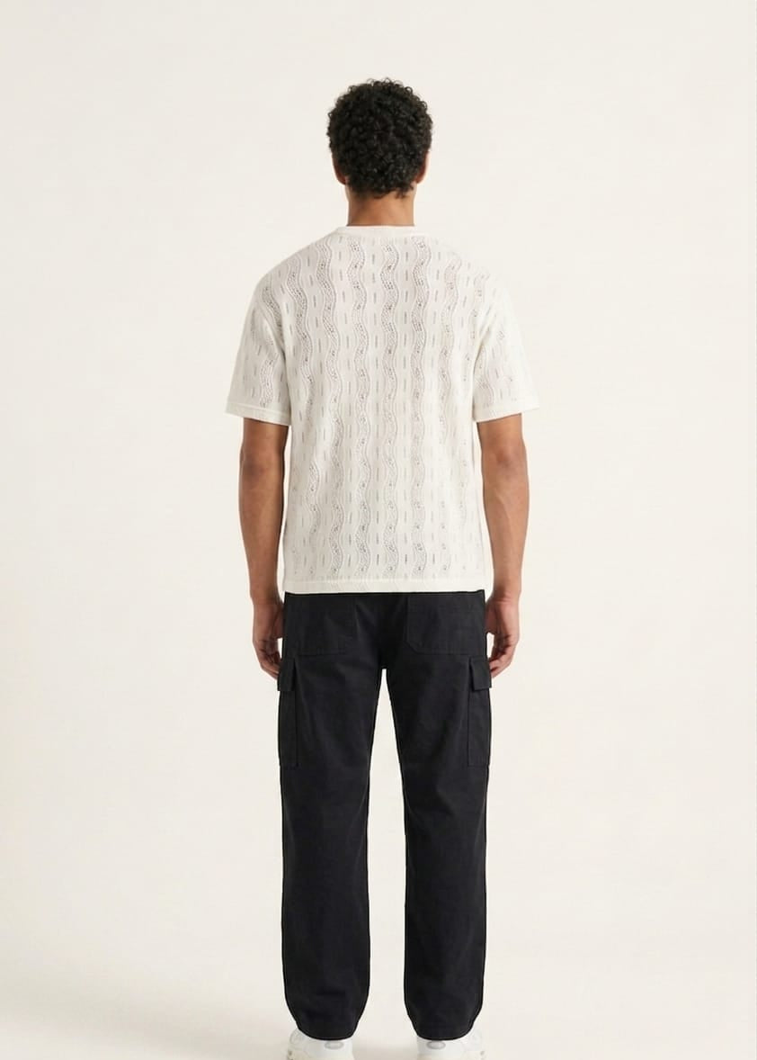 Men's Ivory Handcrafted Thread Work Crew Neck T-Shirt