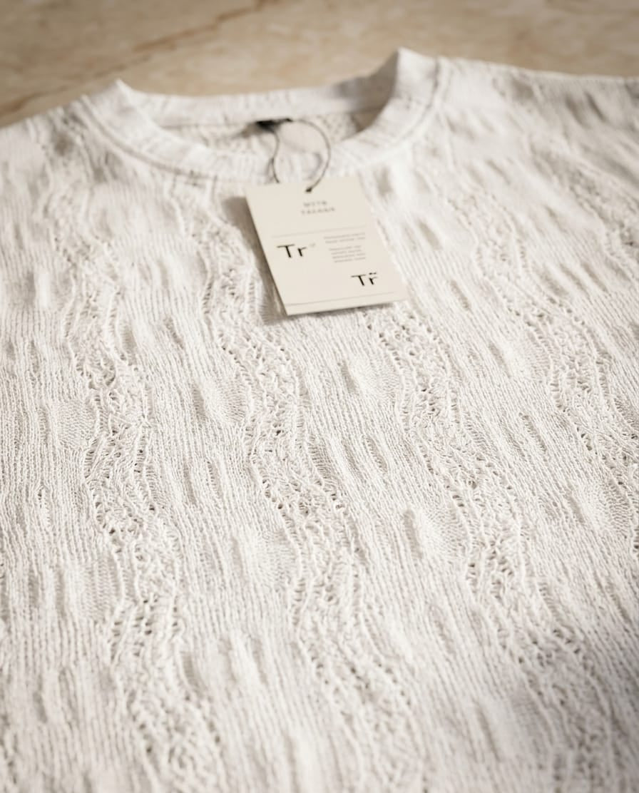 Men's Ivory Handcrafted Thread Work Crew Neck T-Shirt