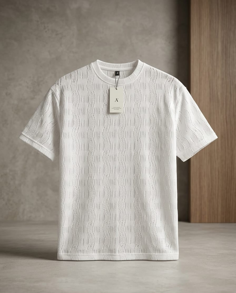Men's Ivory Handcrafted Thread Work Crew Neck T-Shirt